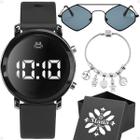 relogio feminino led + oculos sol proteção uv + caixa original losango silicone preto casual pandora