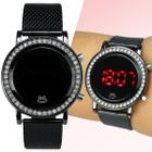 Relogio feminino LED preto strass digital aço ajustavel presente social redondo casual