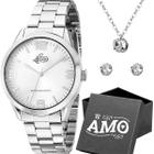 Relogio feminino prata aço inox + caixa + pulseira + colar edição limitada moda presente original - Orizom