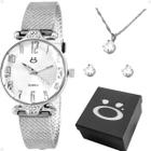 Relogio Feminino Prata + Colar Brincos strass social original qualidade premium pulseira ajustavel