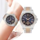 Relógio Feminino Prata e Azul de Pulso Movimento Quartzo Com Pulseira e Caixa em Aço Inoxidável com Strass Luxo Elegante Fashion Social Casual Euro