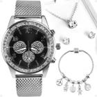 relogio feminino prata strass + pandora + colar + brincos