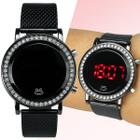 Relogio Feminino Preto Aço Led Strass Digital Social - Orizom