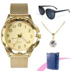 Relogio feminino prova agua + oculos protecao uv dourado resistente original casual social ouro