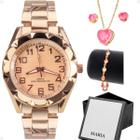relogio feminino prova dagua rose + caixa + brincos + colar casual qualidade premium moda inoxidável presente social