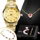 Relógio Feminino Quartz Dourado Banhado a Ouro 18K + Kit Mulher Presente Luxuoso