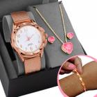 Relógio Feminino Quartzo Prova D'água Rose Pulseira Ajustável + Colar Pulseira Brincos Luxo