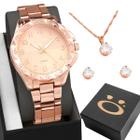 Relógio Feminino Rose Aço Inox Bonito Luxo Social Premium + Brinco Strass Colar + Caixa Garantia