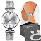 Relogio feminino silicone aço inox prova dagua prata + caixa social strass presente moda casual