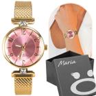 Relogio feminino silicone dourado aço inox banhado + caixa strass pulseira ajustavel social presente