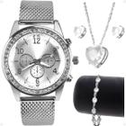 Relógio Feminino Strass Prata + Colar + Brincos + Pulseira - Aço Inoxidável - Orizom