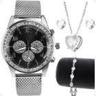 relogio feminino strass prata + colar brincos pulseira mostrador preto prova dagua social delicado