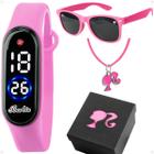 relogio infantil barbie led + caixa + colar proteção uv rosa pink led prova dagua presente menina acetato ajustavel silicone strass criança