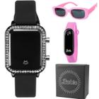 relogio infantil digital preto strass + oculos sol + caixa casual silicone original menina data led - Orizom