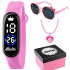 Relógio Infantil Digital Rosa Barbie + Oculos Escuros + Caixa Proteção Uv Ajustavel Pink Silicone