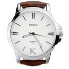 Relógio Luxo Korps 1319 Prata Fundo Branco Pulseira Couro