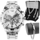 Relogio Masculino Aço Inox + Crucifixo Grumet + Pulseira casual original pesado prova dagua social