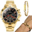 Relógio Masculino Aço Inox Dourado + Pulseira Jesus Premium