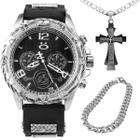 Relogio Masculino Aço Prata + Pulseira + Corrente Cruz presente pulseira ajustavel analogico qualidade premium casual