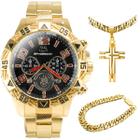 Relogio Masculino Analogico Orizom Spaceman Aço Inox Dourado Banhado Ouro + Cordao Crucifixo Banhado + Pulseira Banhada Presente Casual Original