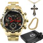 Relógio masculino banhado + pulseira + cordão crucifixo preto qualidade premium ouro social presente