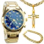 Relógio Masculino Dourado Azul Prova Dágua Com Pulseira Corrente Masculina