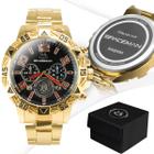 Relogio masculino dourado banhado personalizado + caixa aço inox analogico preto casual social