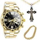 Relogio masculino dourado + corrente grumet + pulseira social preto casual presente