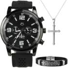 Relógio Masculino Preto + Colar Crucifixo + Pulseira Silicone Black Ajustável Garantia