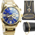 relogio masculino prova dagua dourado + cordão + pulseira grande original presente aço inoxidável