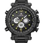 Relógio masculino weide 6305 multifunção preto amarelo anadigi inox esportivo