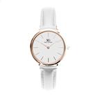 Relógio Minimalista Feminino Branco Pulseira Couro Queens Rosé Gold 32mm