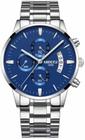 Relógio Nibosi 2309 Prateado Visor Azul Em Aço Inoxidável Cronógrafo Funcional e Estojo Original