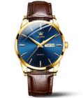 Relógio OLEVS Brown Leather Blue Dial Quartz para homens