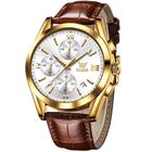 Relógio OLEVS Brown Leather Chronograph, estojo dourado para homens