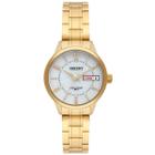 Relogio Orient Feminino dourado fundo branco pequeno com calendário FGSS2004 B2KX