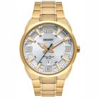 Relogio Orient Masculino dourado fundo mostrador prata claro aço inox Banhado folheado a prova dágua com calendário MGSS1178 S2KX