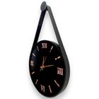 Relógio Parede Adnet 30cm Preto (Silencioso), Algarismos Romanos 3D cor Rosé, Alças em couro preto.