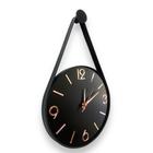 Relógio Parede preto Adnet 30cm (Silencioso), algarismos 3D cardinais Rosé, Alças Couro Preto