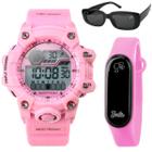 Relogio prova dagua digital infantil rosa led + oculos sol ajustavel criança alarme cronometro data