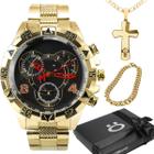 Relogio prova dagua dourado + pulseira social casual pesado preto grande original qualidade premium - Orizom