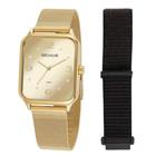 Relogio Seculus feminino dourado quadrado espelhado troca pulseiras 77123LPSVDS1