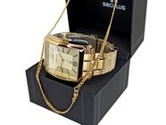 Relógio Séculus Masculino Dourado Quadrado Extra Grande Luxo 23706GPSVDA1