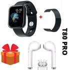 Relógio Smart Watch T80 Preto + 2 Pulseiras + Fone +película