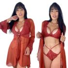 Robe Tule Renda Sensual + Conjunto Lingerie Renda Sexy Hobby