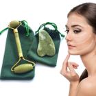 Rolo Pedra De Jade + Placa Gua Sha Massagem Facial Anti Ruga