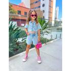 Roupa De Blogueirinha Conjunto Infantil Jeans Short Detalhe Bolso De Coração Moda Menina Mini Diva Botões Destroyed Esti