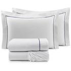 Roupa de Cama Solteiro Glass Clean em Algodão 200 Fios 3 Pcs - Branco / Azul Marinho