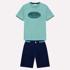Roupa Infantil Conjunto Milon Camisa Meia Malha Manga Curta Bordado Relevo Azul E Bermuda Em Moletom