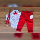 Roupa Menino Infantil Camisa Manga Longa Branco Calça Color Vermelho Suspensório e Gravata Vermelho
